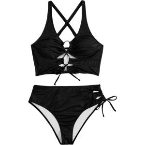 image:imageSOLY HUX Womens Plus Size Bikini Set Sexy Swimsuit Lace Up Tummy Control 2 Piece Bathing SuitPure Black
