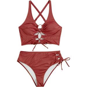 image:imageSOLY HUX Womens Plus Size Bikini Set Sexy Swimsuit Lace Up Tummy Control 2 Piece Bathing SuitPure Red