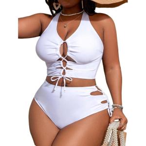 image:imageSOLY HUX Womens Plus Size Bikini Set Sexy Swimsuit Lace Up Tummy Control 2 Piece Bathing SuitPure White