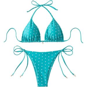image:imageSOLY HUX Womens Polka Dots Print Bathing Suit Halter Triangle Tie Side Bikini Sets Two Piece SwimsuitBlue Polka Dots Print