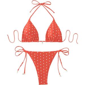 image:imageSOLY HUX Womens Polka Dots Print Bathing Suit Halter Triangle Tie Side Bikini Sets Two Piece SwimsuitOrange Polka Dots