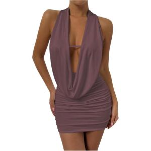 image:imageSOLY HUX Womens Sexy Deep V Neck Halter Bodycon Mini Dress Sleeveless Party Club DressesSolid Pink