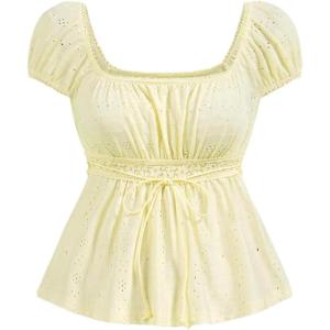 image:imageSOLY HUX Womens Square Neck Short Sleeve Peplum Tops Tie Front Summer Teen Girls Babydoll Top T ShirtLight Yellow