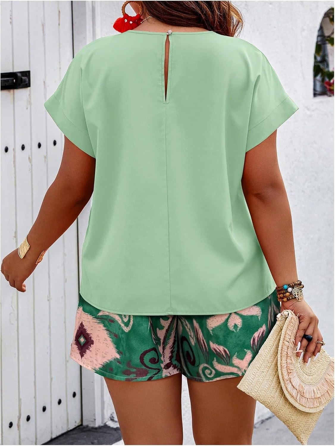 image:imageSOLY HUX Womens Plus Size 2 Piece Outfits Summer Printed Short Sleeve Blouse Tops and Shorts SetMulticolor Green