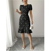 image:imageSOLY HUX Womens Puff Sleeve Ruffle Dress Elegant Jacquard Crew Neck Bodycon Going Out DressesBlack Floral
