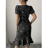 image:imageSOLY HUX Womens Puff Sleeve Ruffle Dress Elegant Jacquard Crew Neck Bodycon Going Out DressesBlack Floral