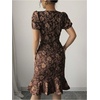 image:imageSOLY HUX Womens Puff Sleeve Ruffle Dress Elegant Jacquard Crew Neck Bodycon Going Out DressesCoffee Brown Floral