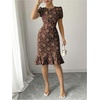 image:imageSOLY HUX Womens Puff Sleeve Ruffle Dress Elegant Jacquard Crew Neck Bodycon Going Out DressesCoffee Brown Floral