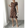 image:imageSOLY HUX Womens Puff Sleeve Ruffle Dress Elegant Jacquard Crew Neck Bodycon Going Out DressesCoffee Brown Floral