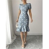 image:imageSOLY HUX Womens Puff Sleeve Ruffle Dress Elegant Jacquard Crew Neck Bodycon Going Out DressesDusty Blue Floral