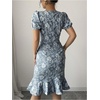 image:imageSOLY HUX Womens Puff Sleeve Ruffle Dress Elegant Jacquard Crew Neck Bodycon Going Out DressesDusty Blue Floral