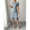 image:imageSOLY HUX Womens Puff Sleeve Ruffle Dress Elegant Jacquard Crew Neck Bodycon Going Out DressesDusty Blue Floral