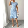 image:imageSOLY HUX Womens Puff Sleeve Ruffle Dress Elegant Jacquard Crew Neck Bodycon Going Out DressesLight Blue Floral