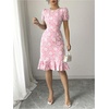 image:imageSOLY HUX Womens Puff Sleeve Ruffle Dress Elegant Jacquard Crew Neck Bodycon Going Out DressesPink Floral