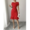 image:imageSOLY HUX Womens Puff Sleeve Ruffle Dress Elegant Jacquard Crew Neck Bodycon Going Out DressesRed Floral