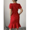 image:imageSOLY HUX Womens Puff Sleeve Ruffle Dress Elegant Jacquard Crew Neck Bodycon Going Out DressesRed Floral
