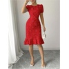 image:imageSOLY HUX Womens Puff Sleeve Ruffle Dress Elegant Jacquard Crew Neck Bodycon Going Out DressesRed Floral