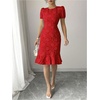 image:imageSOLY HUX Womens Puff Sleeve Ruffle Dress Elegant Jacquard Crew Neck Bodycon Going Out DressesRed Floral