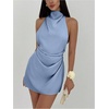 image:imageSOLY HUX Womens Ruched Halter Mini Dress Tie Backless Bodycon Evening Party Cocktail DressesPure Dusty Blue