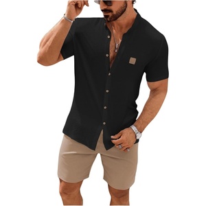 image:imageSOLY HUX Mens Casual Tracksuit Button Down Shirt and Drawstring Waist Short Sets Summer 2 Piece OutfitsBlack and Khaki