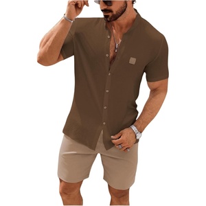 image:imageSOLY HUX Mens Casual Tracksuit Button Down Shirt and Drawstring Waist Short Sets Summer 2 Piece OutfitsCoffee Brown and Khaki