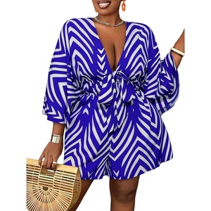 image:imageSOLY HUX Womens Plus Size Romper Striped V Neck Tie Front 34 Sleeve Loose Short JumpsuitRoyal Blue Printed