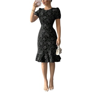 image:imageSOLY HUX Womens Puff Sleeve Ruffle Dress Elegant Jacquard Crew Neck Bodycon Going Out DressesBlack Floral