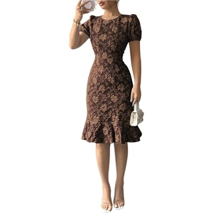 image:imageSOLY HUX Womens Puff Sleeve Ruffle Dress Elegant Jacquard Crew Neck Bodycon Going Out DressesCoffee Brown Floral