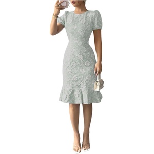 image:imageSOLY HUX Womens Puff Sleeve Ruffle Dress Elegant Jacquard Crew Neck Bodycon Going Out DressesGreen Floral