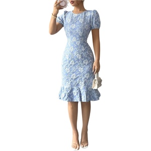 image:imageSOLY HUX Womens Puff Sleeve Ruffle Dress Elegant Jacquard Crew Neck Bodycon Going Out DressesLight Blue Floral