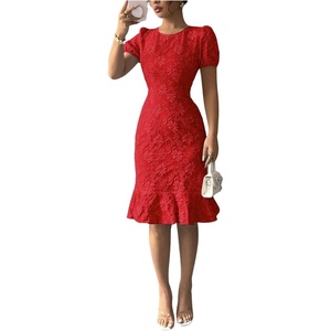image:imageSOLY HUX Womens Puff Sleeve Ruffle Dress Elegant Jacquard Crew Neck Bodycon Going Out DressesRed Floral