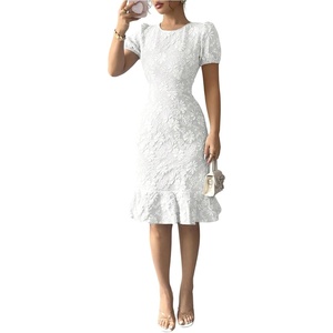 image:imageSOLY HUX Womens Puff Sleeve Ruffle Dress Elegant Jacquard Crew Neck Bodycon Going Out DressesWhite Floral