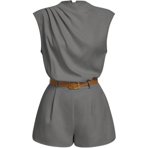 image:imageSOLY HUX Womens Summer Ruched Mock Neck Romper Elegant Cap Sleeve Belted Work Short JumpsuitsPure Grey